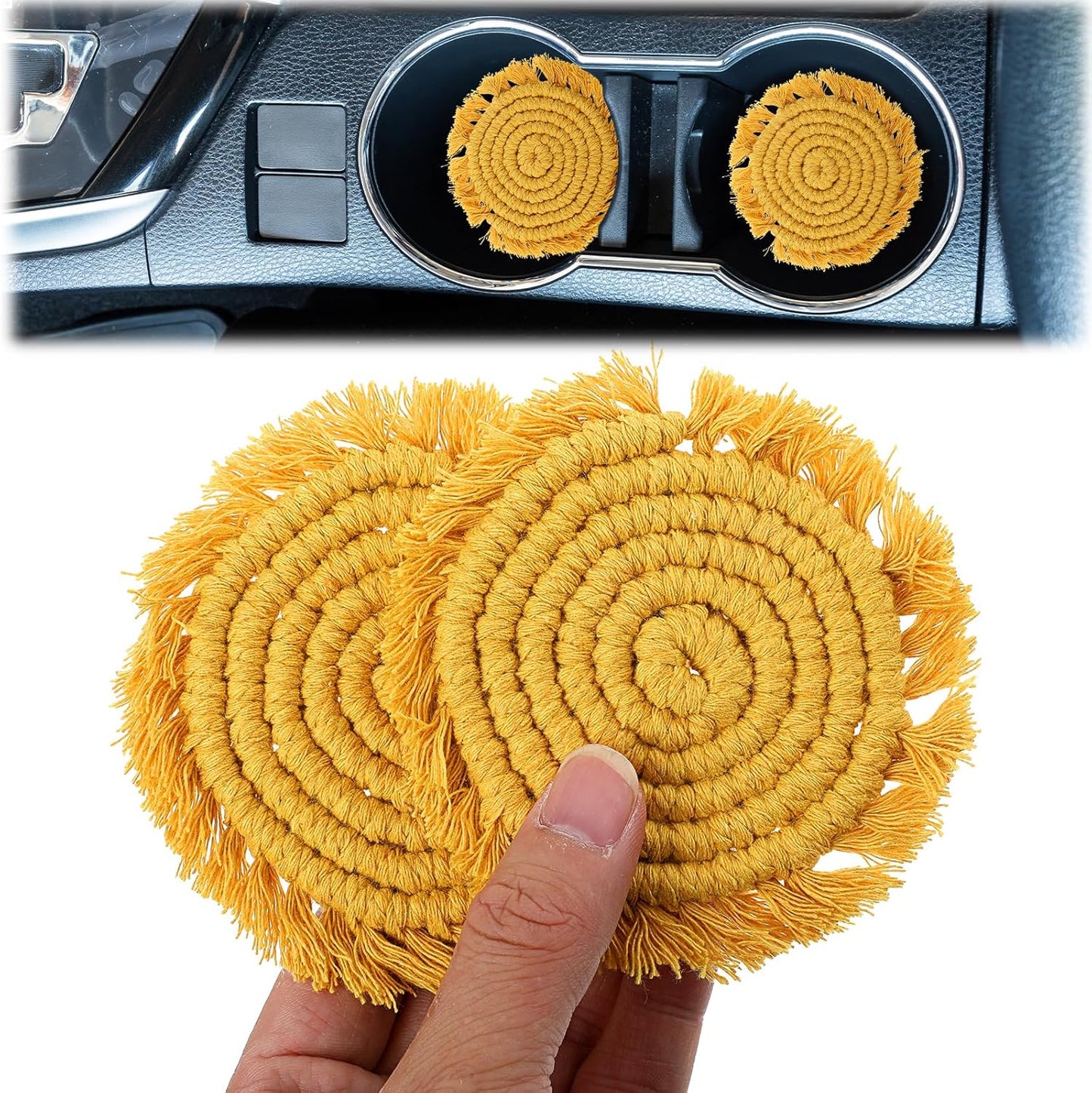2pcs Car Cupholder Coaster, Absorbent Cotton Coaster for Car, 3.54 in Boho Cars Cupholder Coasters with Tassel Edges for Cars,RV & Home Decor（Sunshine Yellow）