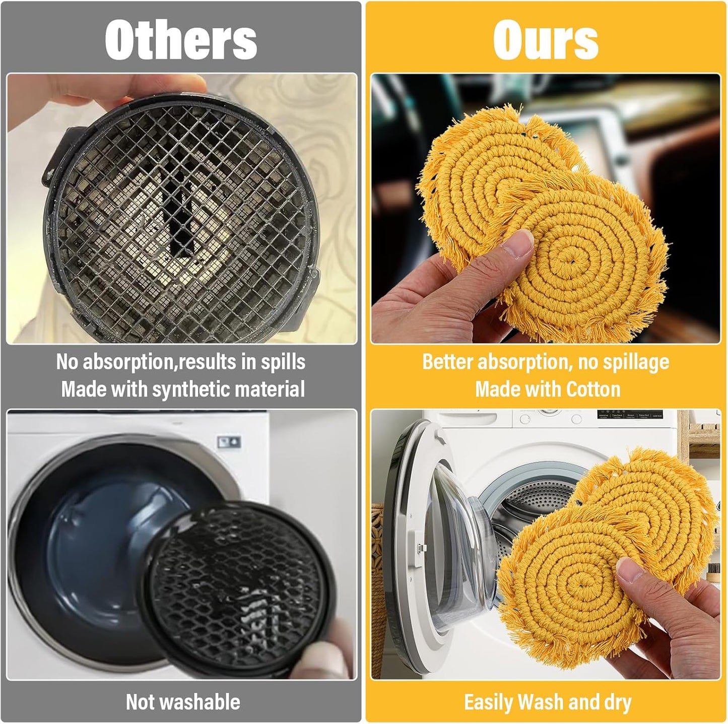 2pcs Car Cupholder Coaster, Absorbent Cotton Coaster for Car, 3.54 in Boho Cars Cupholder Coasters with Tassel Edges for Cars,RV & Home Decor（Sunshine Yellow）
