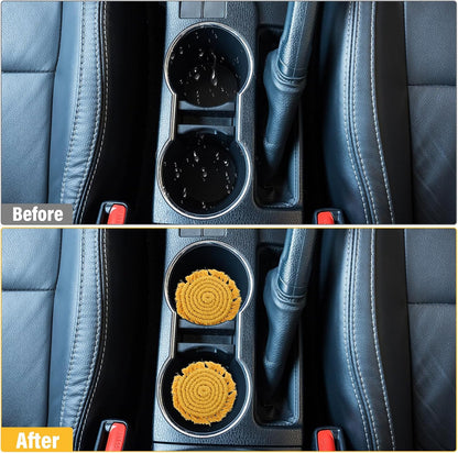 2pcs Car Cupholder Coaster, Absorbent Cotton Coaster for Car, 3.54 in Boho Cars Cupholder Coasters with Tassel Edges for Cars,RV & Home Decor（Sunshine Yellow）