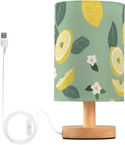 Lemon Yellow Fruits Bedside Table Lamp with USB Port Nightstand Lamps Night Light Linen Fabric Shade Cylinder Desk Lamps for Living Room Bedroom Home Decor