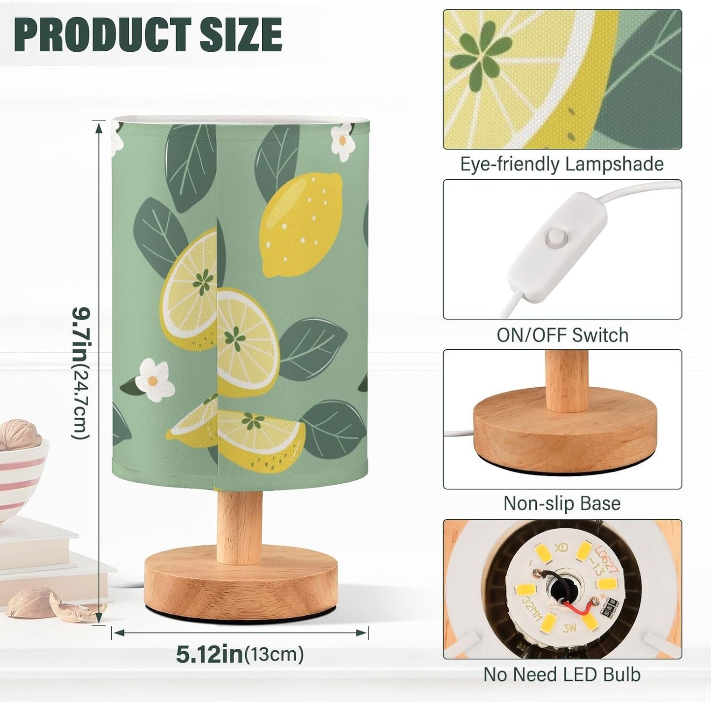 Lemon Yellow Fruits Bedside Table Lamp with USB Port Nightstand Lamps Night Light Linen Fabric Shade Cylinder Desk Lamps for Living Room Bedroom Home Decor