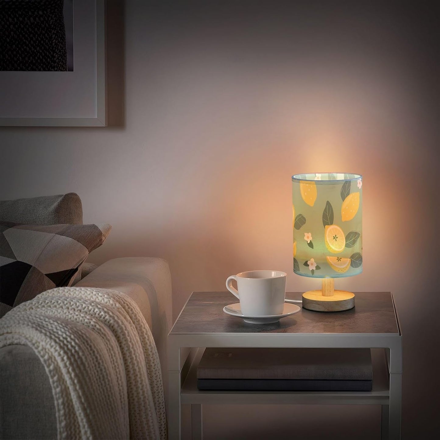 Lemon Yellow Fruits Bedside Table Lamp with USB Port Nightstand Lamps Night Light Linen Fabric Shade Cylinder Desk Lamps for Living Room Bedroom Home Decor