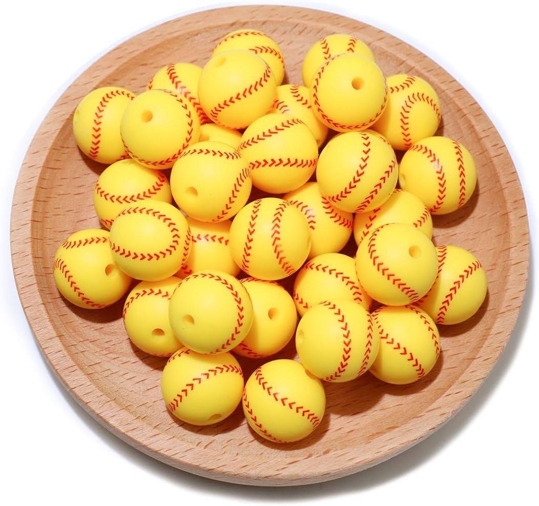 36pcs 12mm Yellow Baseball Silicone Beads for Keychain Making Bracelets | Sports Focal Silicone Loose Beads for Bracelet Necklace DIY Craft Jewelry Making Supplies