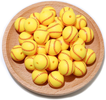 36pcs 12mm Yellow Baseball Silicone Beads for Keychain Making Bracelets | Sports Focal Silicone Loose Beads for Bracelet Necklace DIY Craft Jewelry Making Supplies