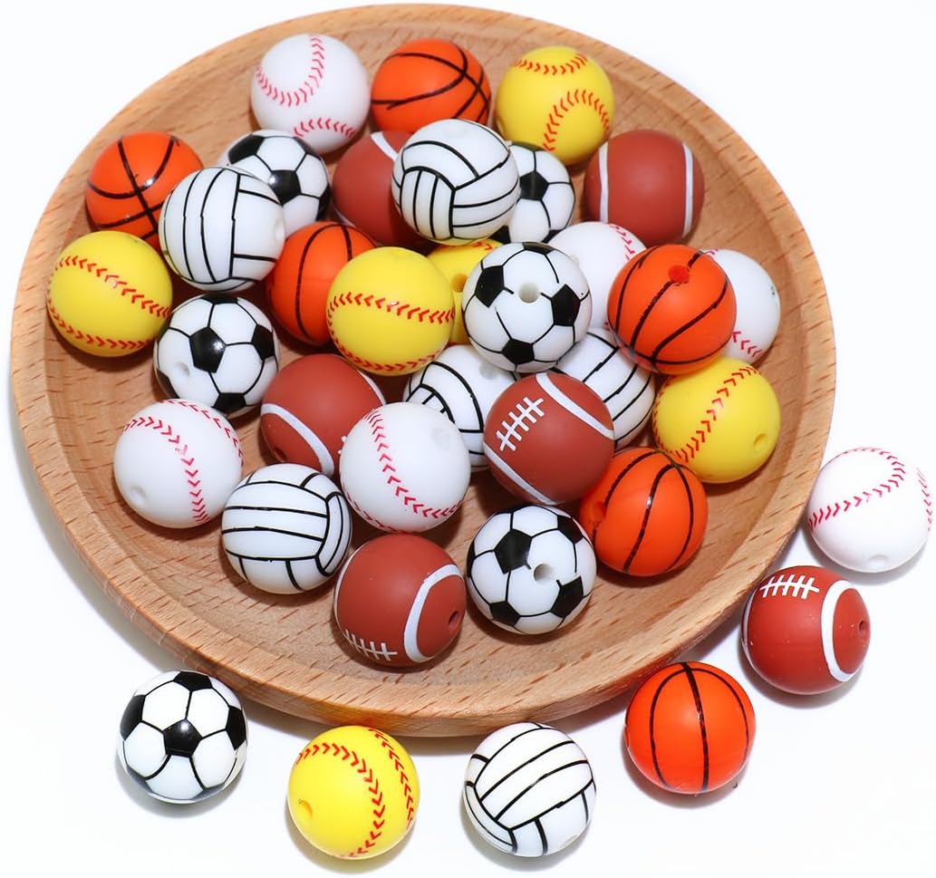 36pcs 12mm Yellow Baseball Silicone Beads for Keychain Making Bracelets | Sports Focal Silicone Loose Beads for Bracelet Necklace DIY Craft Jewelry Making Supplies