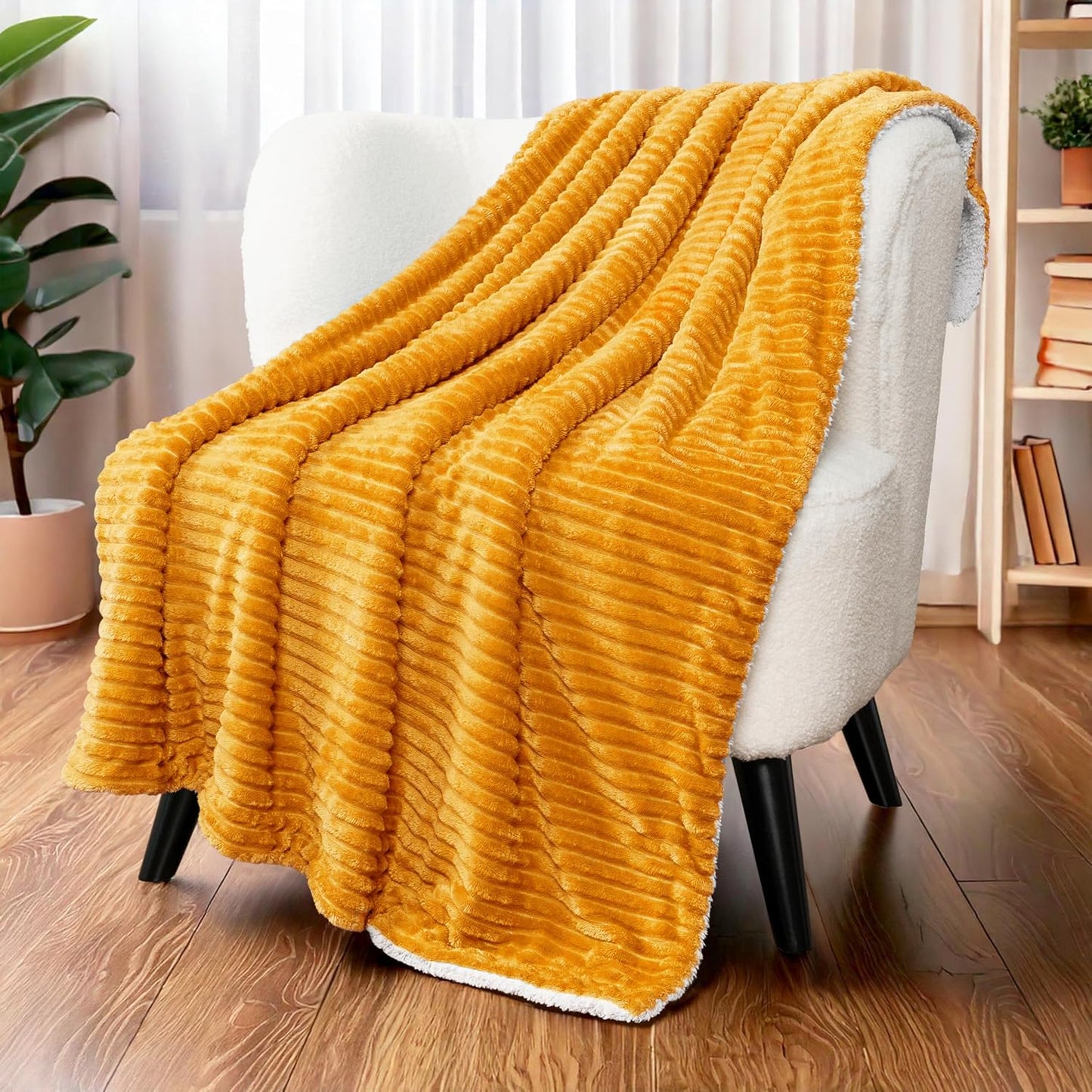 PAVILIA Mustard Yellow Sherpa Fleece Throw Blanket for Couch, Soft Plush Fuzzy Blankets, Fluffy Flannel Sherpa Blanket for Sofa, Warm 3D Ribbed Winter Blanket Gift, 50x60 inches