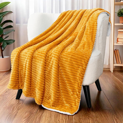 PAVILIA Mustard Yellow Sherpa Fleece Throw Blanket for Couch, Soft Plush Fuzzy Blankets, Fluffy Flannel Sherpa Blanket for Sofa, Warm 3D Ribbed Winter Blanket Gift, 50x60 inches