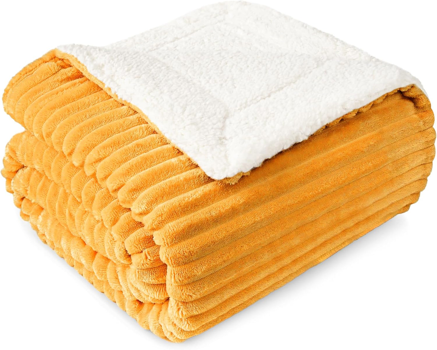 PAVILIA Mustard Yellow Sherpa Fleece Throw Blanket for Couch, Soft Plush Fuzzy Blankets, Fluffy Flannel Sherpa Blanket for Sofa, Warm 3D Ribbed Winter Blanket Gift, 50x60 inches