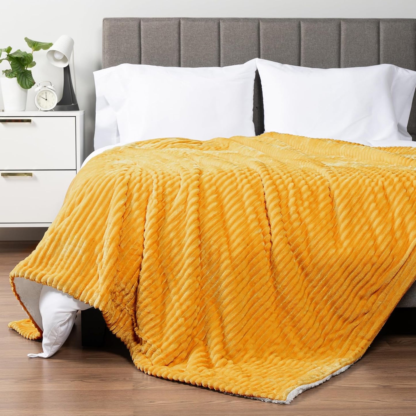PAVILIA Mustard Yellow Sherpa Fleece Throw Blanket for Couch, Soft Plush Fuzzy Blankets, Fluffy Flannel Sherpa Blanket for Sofa, Warm 3D Ribbed Winter Blanket Gift, 50x60 inches