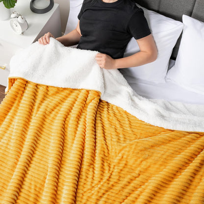 PAVILIA Mustard Yellow Sherpa Fleece Throw Blanket for Couch, Soft Plush Fuzzy Blankets, Fluffy Flannel Sherpa Blanket for Sofa, Warm 3D Ribbed Winter Blanket Gift, 50x60 inches