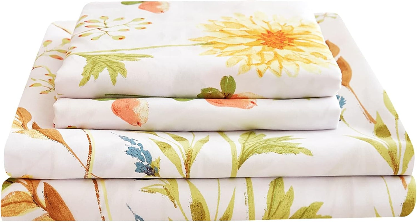 Boho Floral Printed Queen Sheet Set Extra Deep Pocket | 4 Piece Soft Botanical Microfiber Sheets, OEKO-TEX Certified, Easy Care