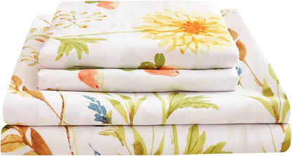 Boho Floral Printed Queen Sheet Set Extra Deep Pocket | 4 Piece Soft Botanical Microfiber Sheets, OEKO-TEX Certified, Easy Care