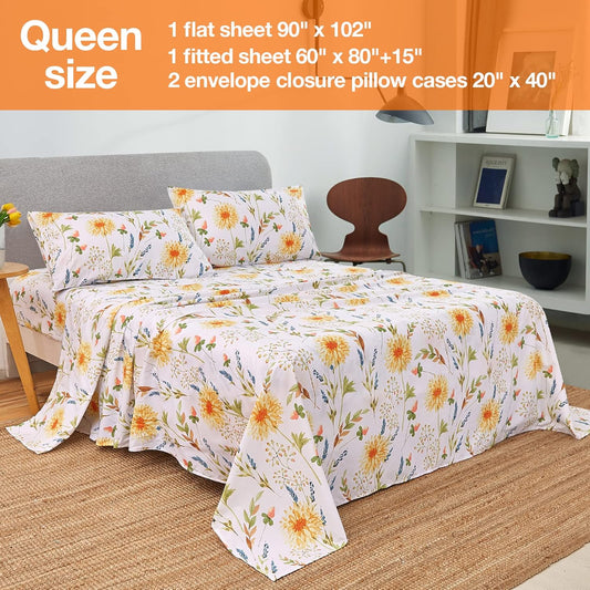 Boho Floral Printed Queen Sheet Set Extra Deep Pocket | 4 Piece Soft Botanical Microfiber Sheets, OEKO-TEX Certified, Easy Care