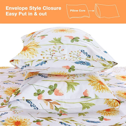 Boho Floral Printed Queen Sheet Set Extra Deep Pocket | 4 Piece Soft Botanical Microfiber Sheets, OEKO-TEX Certified, Easy Care