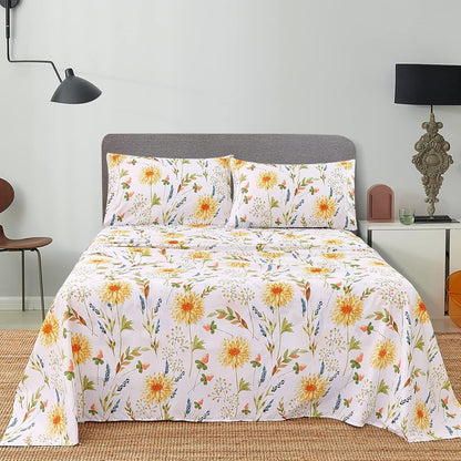 Boho Floral Printed Queen Sheet Set Extra Deep Pocket | 4 Piece Soft Botanical Microfiber Sheets, OEKO-TEX Certified, Easy Care