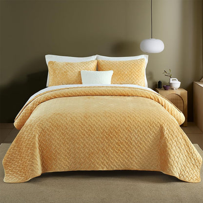 Velvet Bedspread Quilt Bedding Sets,Luxury Elegant Ultra Soft Velvet Comforters Coverlet Blankets,Weave Stitching Pattern Cotton Quilted Bedspread for All Seasons,Yellow,King Size | Breathable material