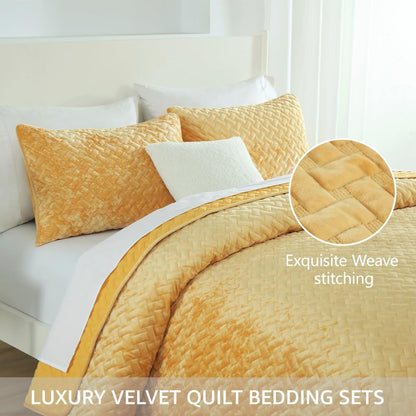 Velvet Bedspread Quilt Bedding Sets,Luxury Elegant Ultra Soft Velvet Comforters Coverlet Blankets,Weave Stitching Pattern Cotton Quilted Bedspread for All Seasons,Yellow,King Size | Breathable material