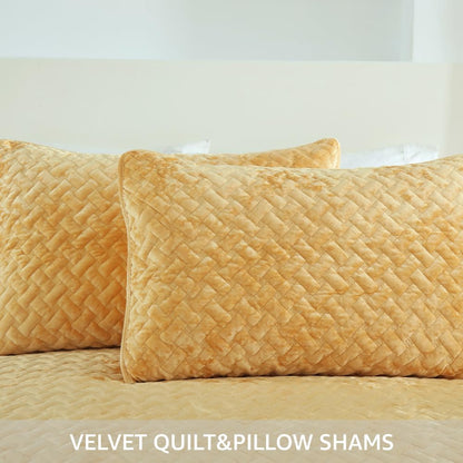 Velvet Bedspread Quilt Bedding Sets,Luxury Elegant Ultra Soft Velvet Comforters Coverlet Blankets,Weave Stitching Pattern Cotton Quilted Bedspread for All Seasons,Yellow,King Size | Breathable material