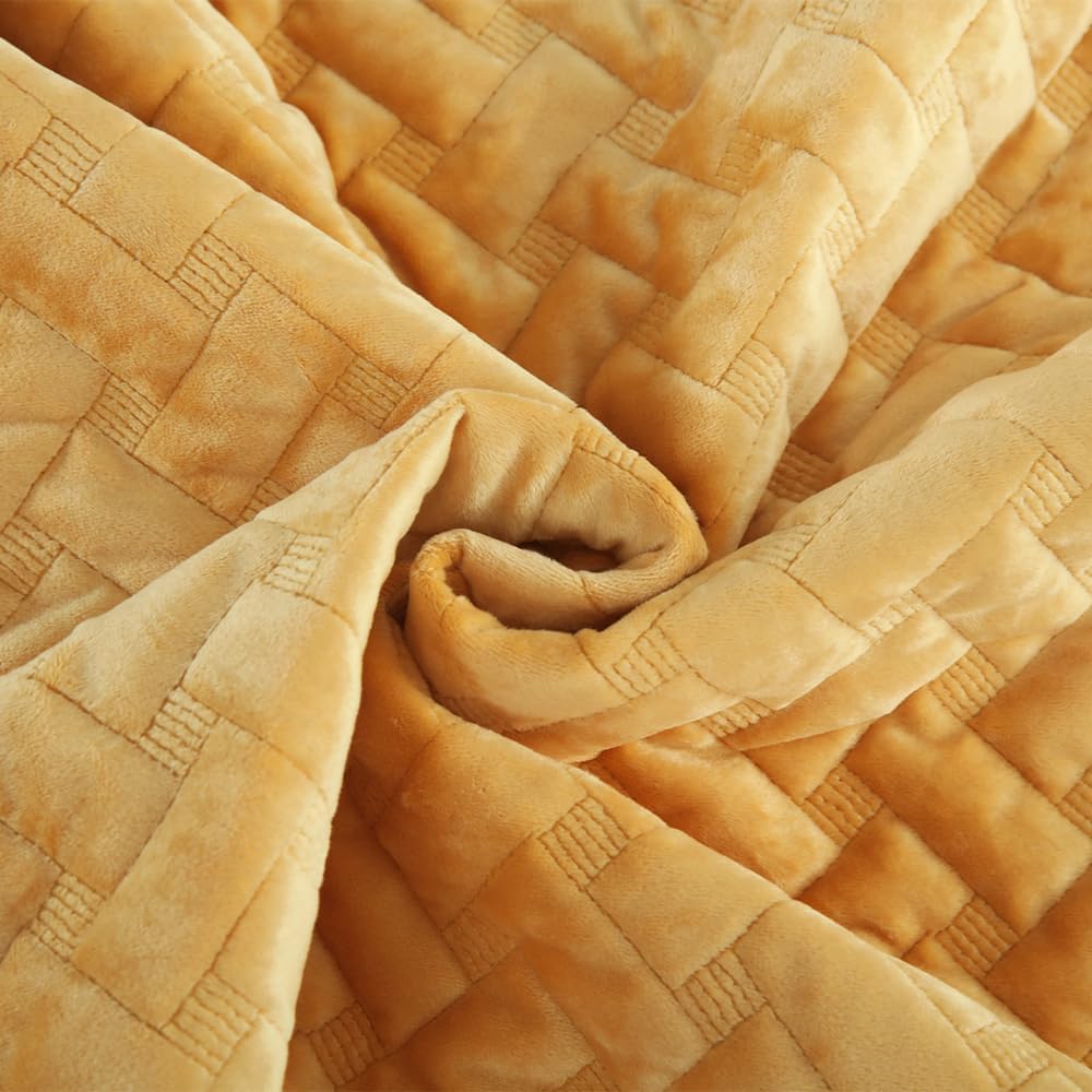 Velvet Bedspread Quilt Bedding Sets,Luxury Elegant Ultra Soft Velvet Comforters Coverlet Blankets,Weave Stitching Pattern Cotton Quilted Bedspread for All Seasons,Yellow,King Size | Breathable material