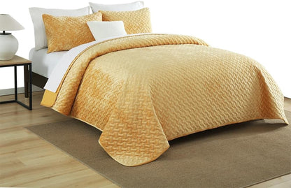 Velvet Bedspread Quilt Bedding Sets,Luxury Elegant Ultra Soft Velvet Comforters Coverlet Blankets,Weave Stitching Pattern Cotton Quilted Bedspread for All Seasons,Yellow,King Size | Breathable material