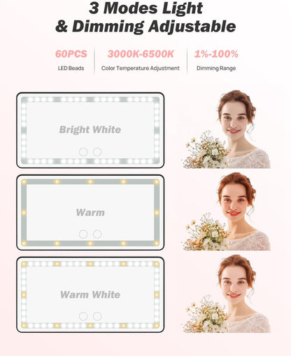 Car Sun Visor Vanity Mirror with Lights, 3 Light Modes & 60 LEDs, Rechargeable Dimmable Touch Control Travel Makeup Mirror for Truck SUV