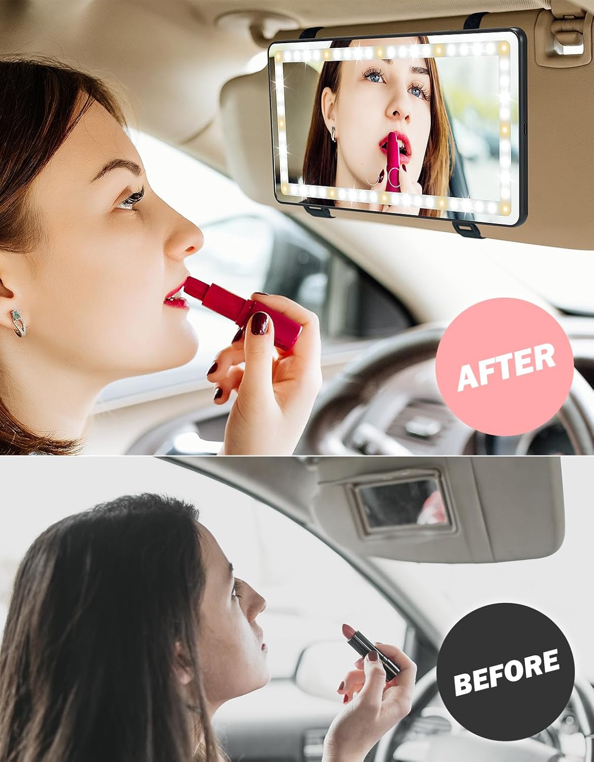 Car Sun Visor Vanity Mirror with Lights, 3 Light Modes & 60 LEDs, Rechargeable Dimmable Touch Control Travel Makeup Mirror for Truck SUV