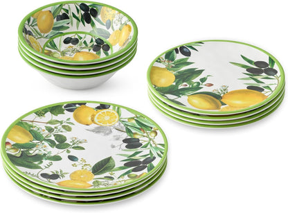 Limone 12-Piece Melamine Dinnerware Set - Citrus-Inspired, Service for 4, Durable, Shatterproof, Dishwasher-Safe Plates and Bowls for Everyday Dining, Outdoor Use, and Entertaining