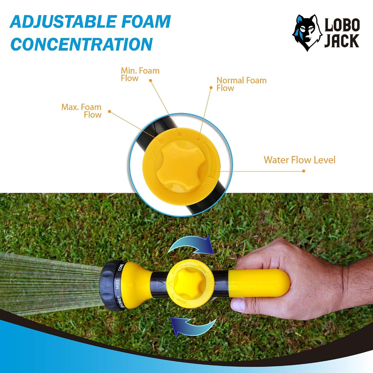 Foam Sprayer Gun, Pressure Nozzle for Car Wash, Watering plants, Pet Shower, Outdoor Fun - 8 Watering Patterns and Soap Dispenser (Yellow)