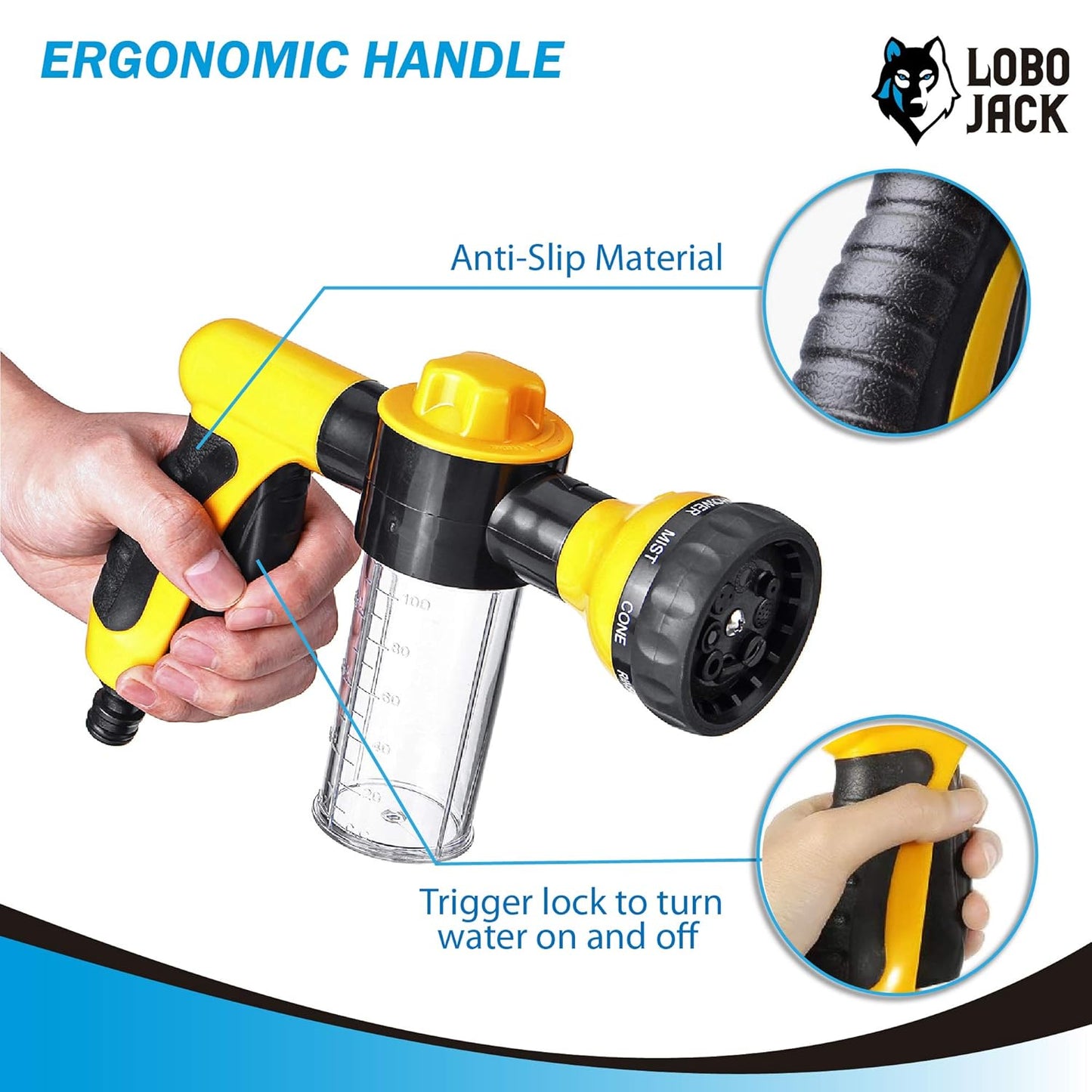 Foam Sprayer Gun, Pressure Nozzle for Car Wash, Watering plants, Pet Shower, Outdoor Fun - 8 Watering Patterns and Soap Dispenser (Yellow)