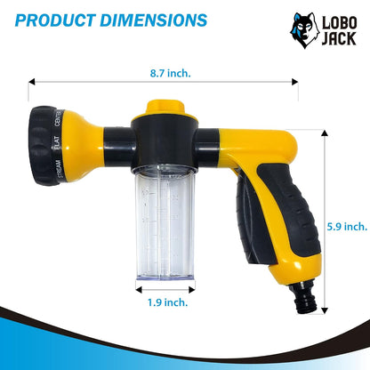 Foam Sprayer Gun, Pressure Nozzle for Car Wash, Watering plants, Pet Shower, Outdoor Fun - 8 Watering Patterns and Soap Dispenser (Yellow)
