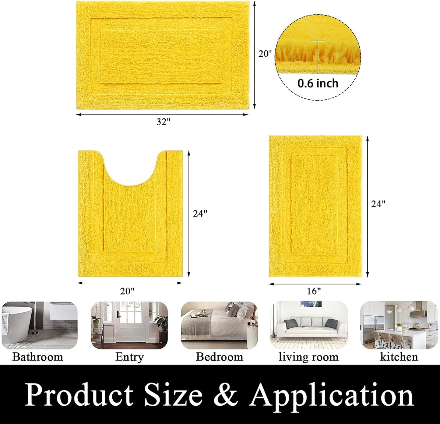 Yellow Bathroom Rugs Sets 3 Piece Bath Mat U Shaped Toilet Rug | 20x32+ 16x24+ 20x24, Soft Fluffy Microfiber Bath Rugs Set, Non Slip Washable Absorbent Bathroom Floor Mats Carpet Shower Rug