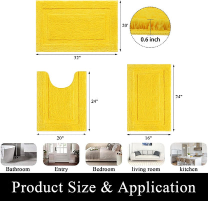 Yellow Bathroom Rugs Sets 3 Piece Bath Mat U Shaped Toilet Rug | 20x32+ 16x24+ 20x24, Soft Fluffy Microfiber Bath Rugs Set, Non Slip Washable Absorbent Bathroom Floor Mats Carpet Shower Rug
