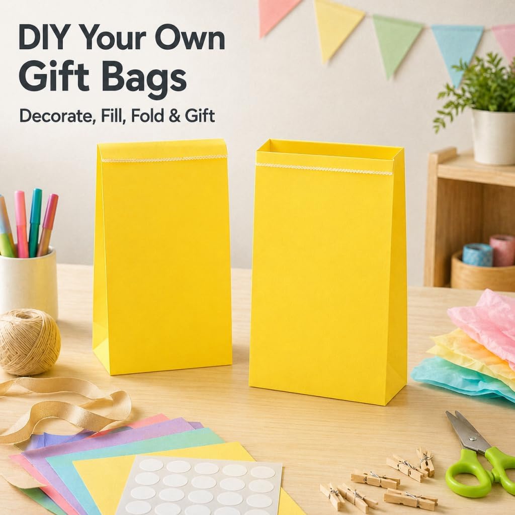 30-Pack 9'' Yellow Gift Bags Party Favor Paper Yellow Lunch Bags | Yellow Gift Bag Paper Treat Bags,Goodie Bags,Candy Bags for Birthday Party, Babyshower,School Activities