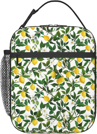 Reusable Lemon Branch Lunch Box for Kids Girls Boys Women Adult, Insulated Yellow Fruit Lunch Bag,Polyester Cooler Green Leaves Handbags Case for School Picnic Work Travel Beach or Hiking
