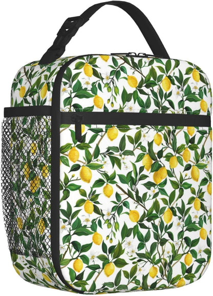 Reusable Lemon Branch Lunch Box for Kids Girls Boys Women Adult, Insulated Yellow Fruit Lunch Bag,Polyester Cooler Green Leaves Handbags Case for School Picnic Work Travel Beach or Hiking