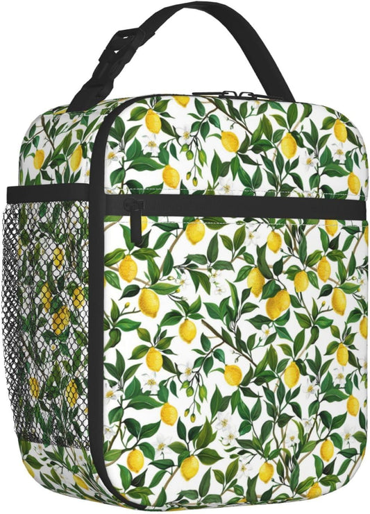 Reusable Lemon Branch Lunch Box for Kids Girls Boys Women Adult, Insulated Yellow Fruit Lunch Bag,Polyester Cooler Green Leaves Handbags Case for School Picnic Work Travel Beach or Hiking