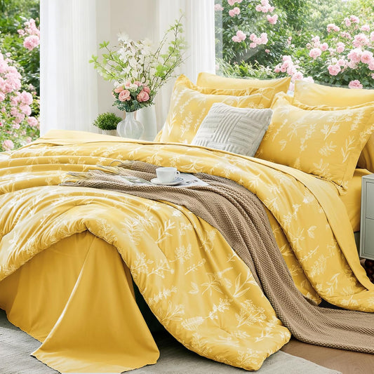 Bright Yellow Bed in a Bag Queen 7 Pieces, Queen Comforter Set Reversible Botanical Flowers Design, Ultra Soft & Breathable Bedding Sets with Comforter, Sheets, Pillowcases & Shams
