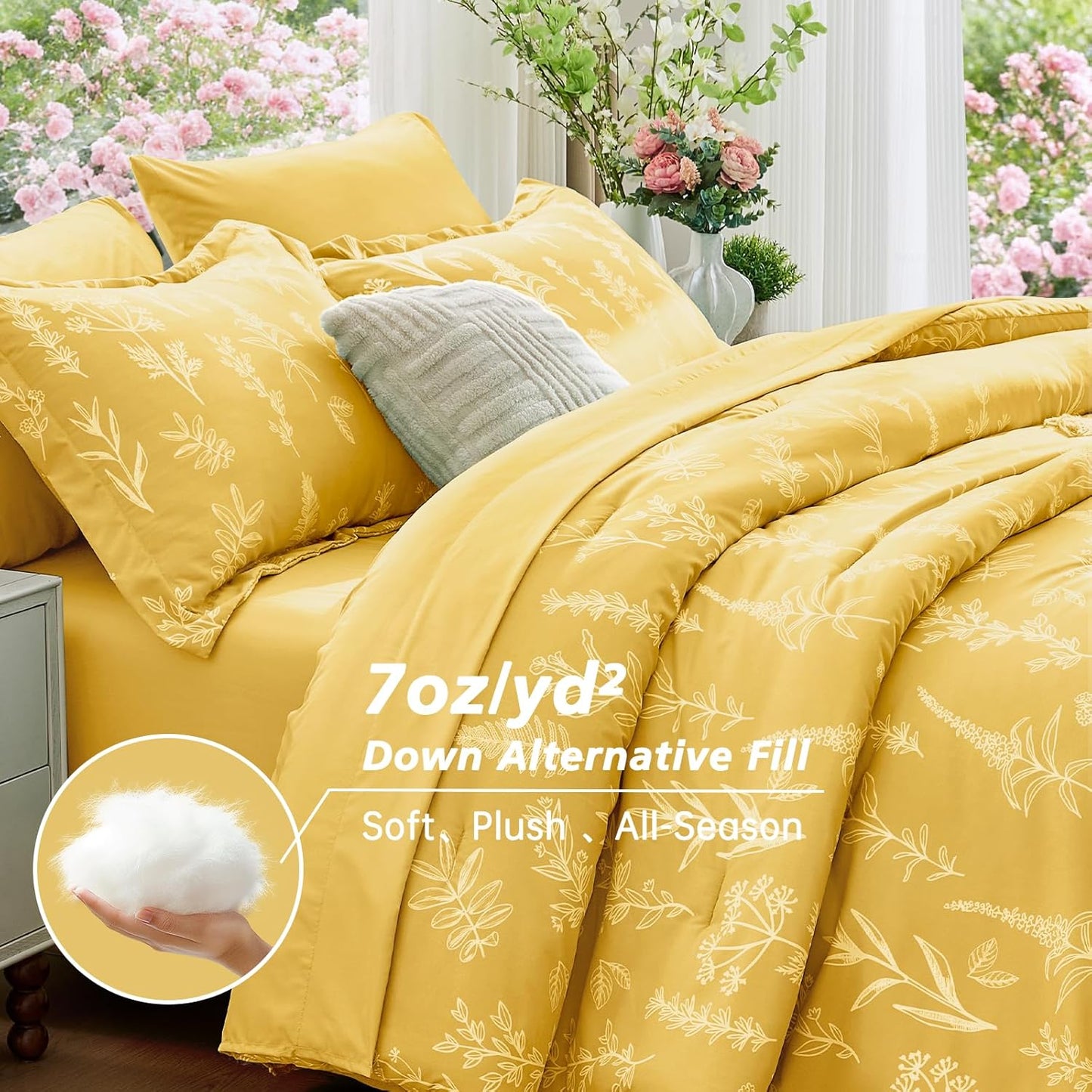 Bright Yellow Bed in a Bag Queen 7 Pieces, Queen Comforter Set Reversible Botanical Flowers Design, Ultra Soft & Breathable Bedding Sets with Comforter, Sheets, Pillowcases & Shams