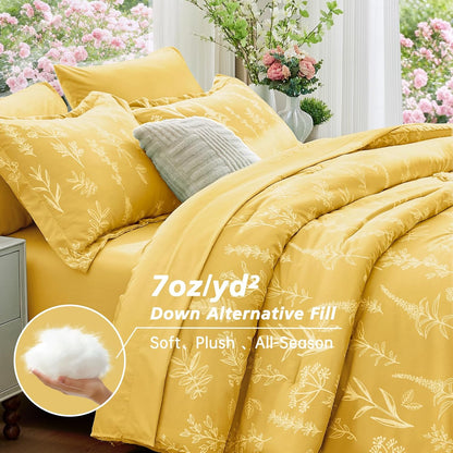 Bright Yellow Bed in a Bag Queen 7 Pieces, Queen Comforter Set Reversible Botanical Flowers Design, Ultra Soft & Breathable Bedding Sets with Comforter, Sheets, Pillowcases & Shams