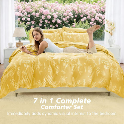 Bright Yellow Bed in a Bag Queen 7 Pieces, Queen Comforter Set Reversible Botanical Flowers Design, Ultra Soft & Breathable Bedding Sets with Comforter, Sheets, Pillowcases & Shams