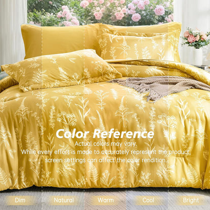 Bright Yellow Bed in a Bag Queen 7 Pieces, Queen Comforter Set Reversible Botanical Flowers Design, Ultra Soft & Breathable Bedding Sets with Comforter, Sheets, Pillowcases & Shams