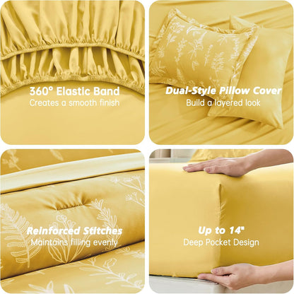 Bright Yellow Bed in a Bag Queen 7 Pieces, Queen Comforter Set Reversible Botanical Flowers Design, Ultra Soft & Breathable Bedding Sets with Comforter, Sheets, Pillowcases & Shams