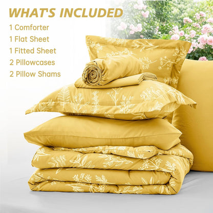 Bright Yellow Bed in a Bag Queen 7 Pieces, Queen Comforter Set Reversible Botanical Flowers Design, Ultra Soft & Breathable Bedding Sets with Comforter, Sheets, Pillowcases & Shams