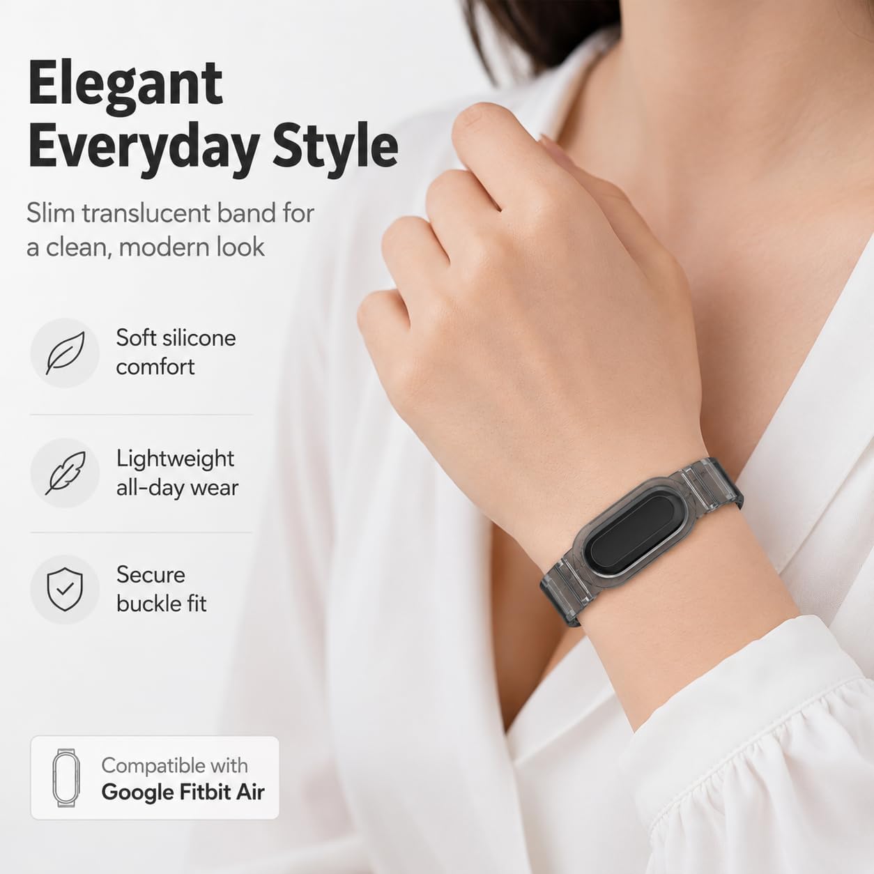 Silicone Band Compatible with Google Fitbit Air, Replacement Sport Strap, Soft Translucent Watch Band with Secure Metal Buckle, Adjustable Lightweight Wristband for Men Women, Band Only