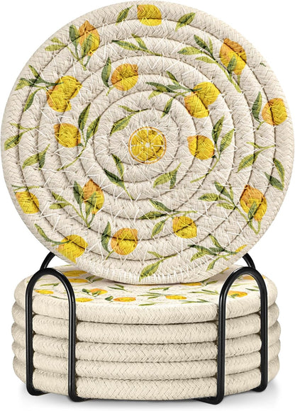 Drink Coasters Set of 6 - Cup Absorbent Coasters for Drinks Coffee Table Home Office Desk Decor Soft Woven Cotton Cloth Braided Fabric Drinking Cup Mat with Holder Cute Lemon