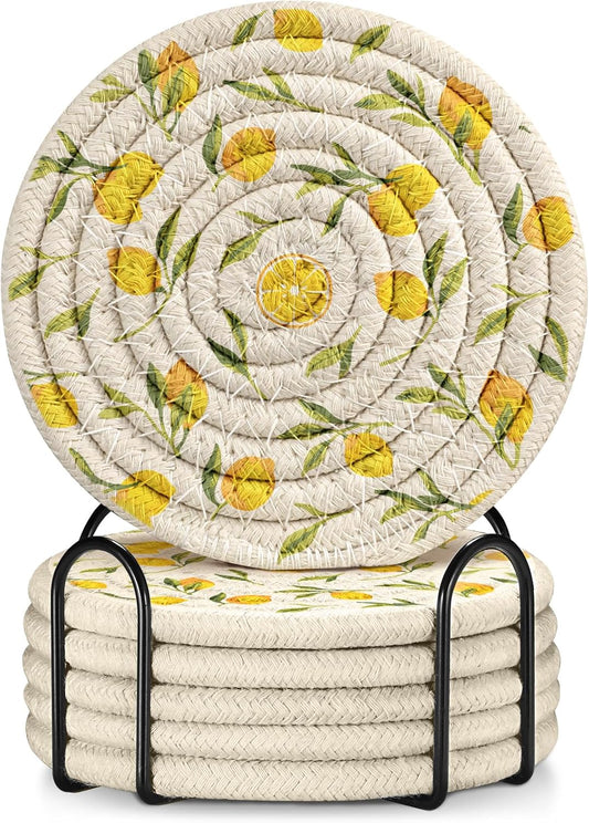 Drink Coasters Set of 6 - Cup Absorbent Coasters for Drinks Coffee Table Home Office Desk Decor Soft Woven Cotton Cloth Braided Fabric Drinking Cup Mat with Holder Cute Lemon