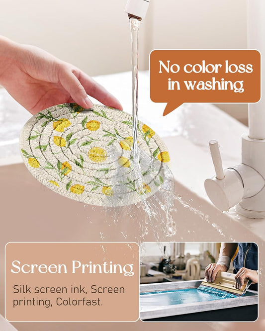 Drink Coasters Set of 6 - Cup Absorbent Coasters for Drinks Coffee Table Home Office Desk Decor Soft Woven Cotton Cloth Braided Fabric Drinking Cup Mat with Holder Cute Lemon