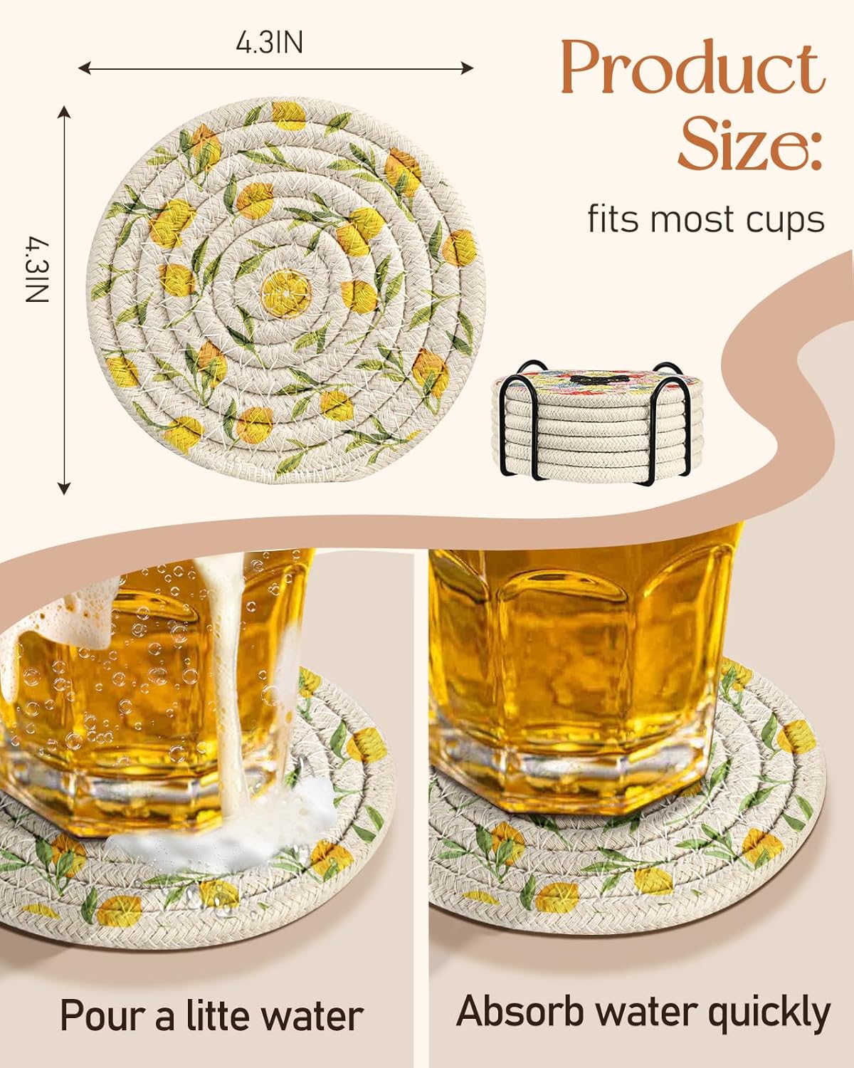 Drink Coasters Set of 6 - Cup Absorbent Coasters for Drinks Coffee Table Home Office Desk Decor Soft Woven Cotton Cloth Braided Fabric Drinking Cup Mat with Holder Cute Lemon