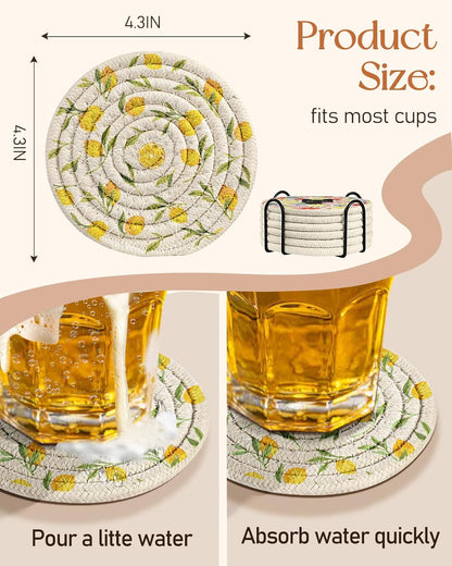 Drink Coasters Set of 6 - Cup Absorbent Coasters for Drinks Coffee Table Home Office Desk Decor Soft Woven Cotton Cloth Braided Fabric Drinking Cup Mat with Holder Cute Lemon