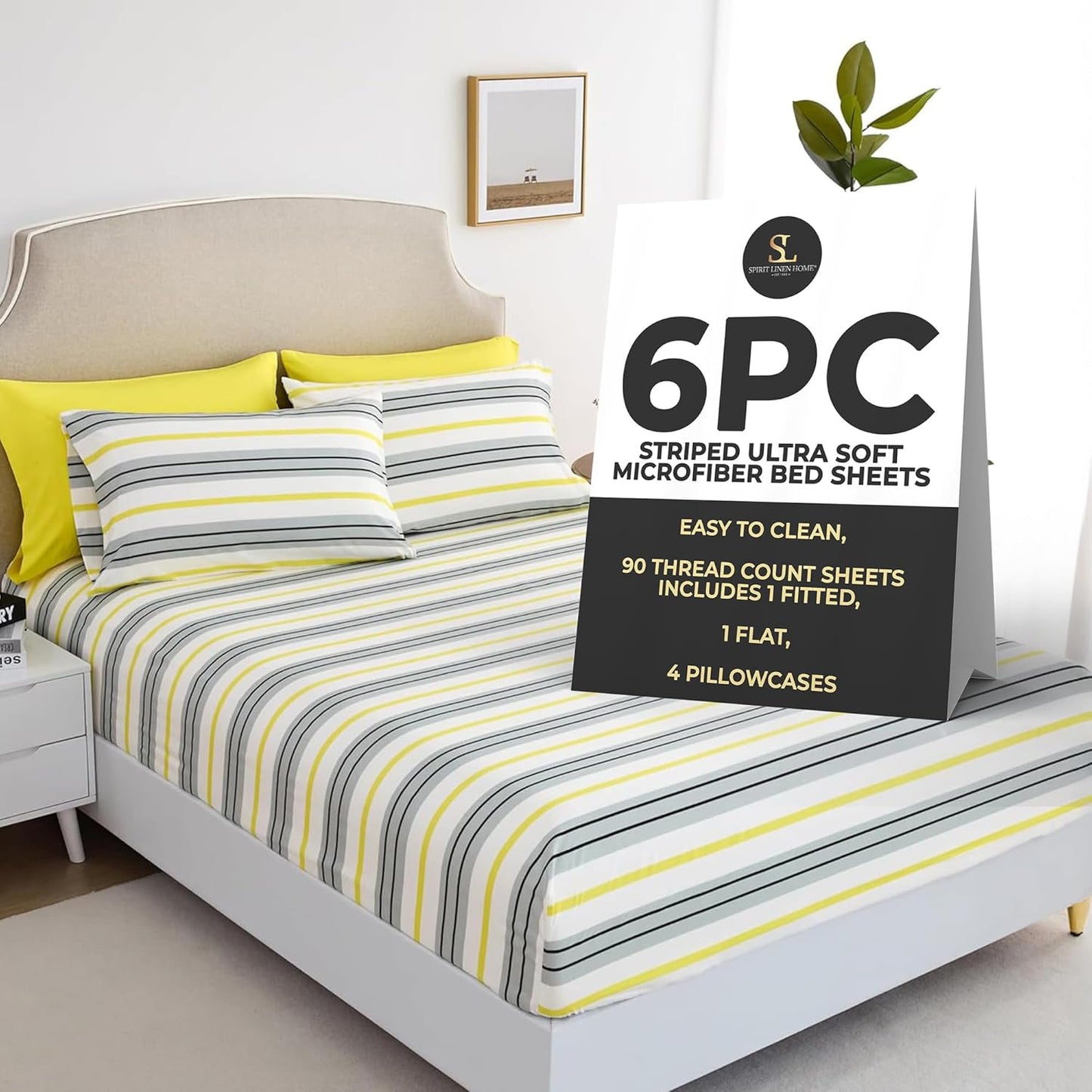 6-Piece Queen Size Bed Sheet Set - Deep Pocket, Striped Pattern, Soft and Breathable Bed Sheets, Microfiber Material, Includes 1 Fitted, 1 Flat, 4 Pillowcases - Grey/Yellow Stripe